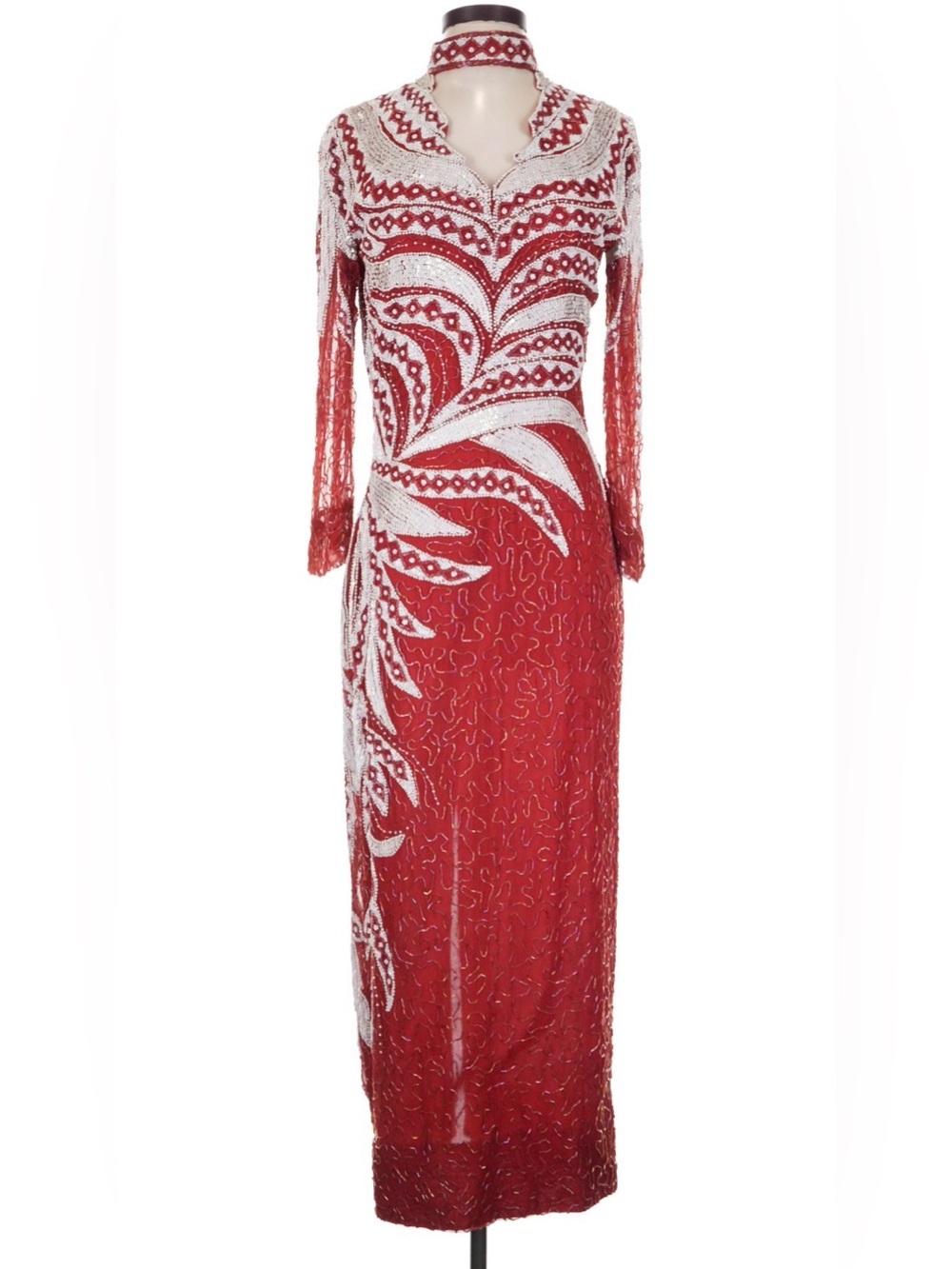 Vintage Milano Red Beaded Evening Dress with White Accents